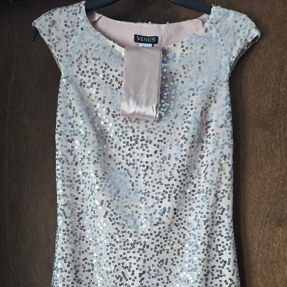 Pale Pink Sequin Dress, With an optional satin belt. Venus. Size 4.